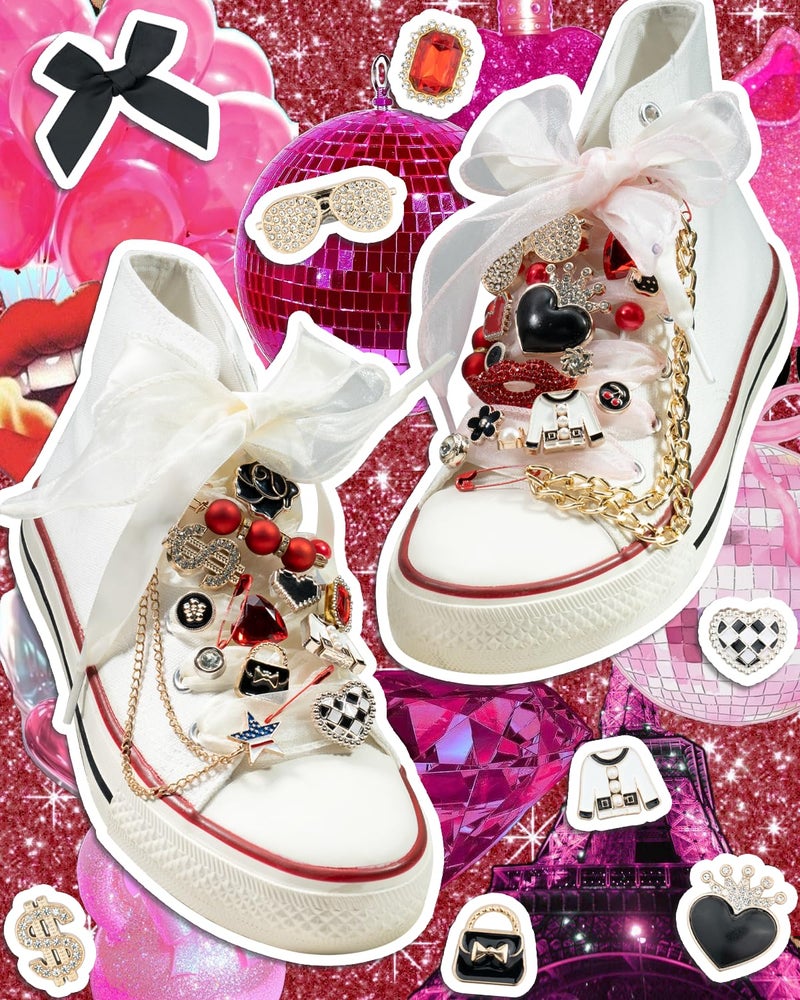 DoDoBeads 93 Pcs Shoe Charms for Sneakers, Junk Sock Charm Kit with Red & Black Charms and Satin/Lace Shoelaces, Sneaker Charm for Women, Cute Shoelace Accessories, DIY Sock/Shoe Decorations - Image 2