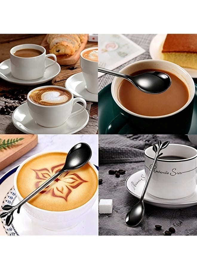 10 قطع 4.7 بوصة ملعقة قهوة من الفولاذ المقاوم للصدأ الأسود ملعقة سكر صغيرة على شكل ورقة مع حواف ناعمة آمنة للغسل في غسالة الأطباق أدوات تحريك الآيس كريم والشاي والحلوى لحفلات الحلوى وتجمعات العيد والمكتب والمقهى للاستخدام اليومي - Image 2