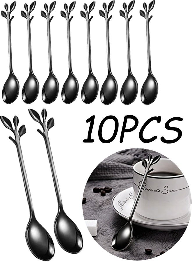 10 قطع 4.7 بوصة ملعقة قهوة من الفولاذ المقاوم للصدأ الأسود ملعقة سكر صغيرة على شكل ورقة مع حواف ناعمة آمنة للغسل في غسالة الأطباق أدوات تحريك الآيس كريم والشاي والحلوى لحفلات الحلوى وتجمعات العيد والمكتب والمقهى للاستخدام اليومي - Image 1