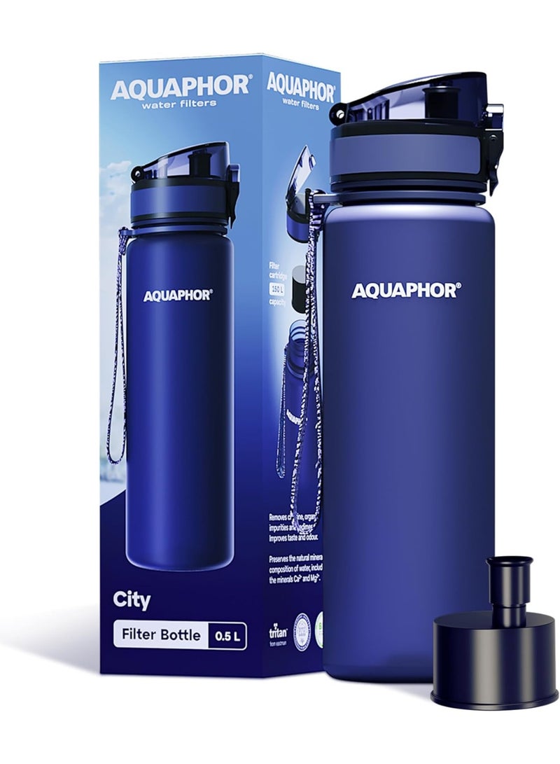 Aquaphor City Water Filter Bottle 500ml, Portable Travel Water Purifier Bottle with Activated Carbon Filter, BPA-Free Tritan Material, Reduces Chlorine & Odor, Eco-Friendly Reusable Bottle For Daily Use (Navy) - Image 1