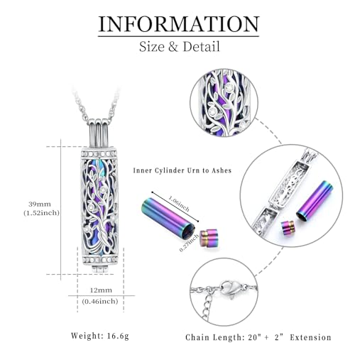 shajwo Cylinder Cremation Jewelry Tree of Life Urn Ashes Necklace for Women Men Vial Cremation Ash Pendant Loved One Memorial Jewelry,Rainbow - Image 2