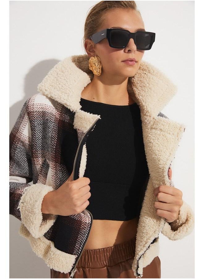 JUNE - June Fur Lined Plaid Patterned Coat Tan - Image 1