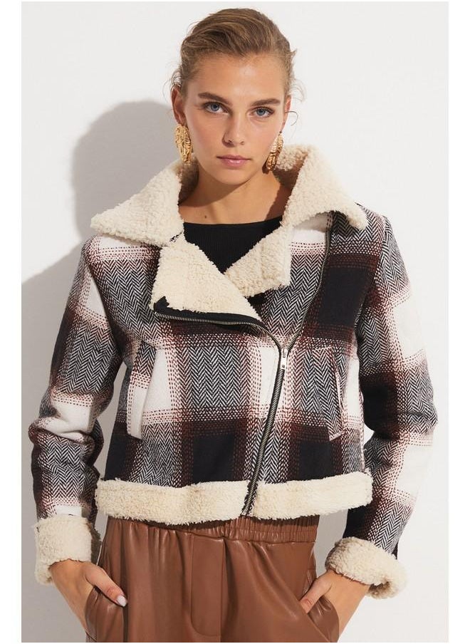 JUNE - June Fur Lined Plaid Patterned Coat Tan - Image 1