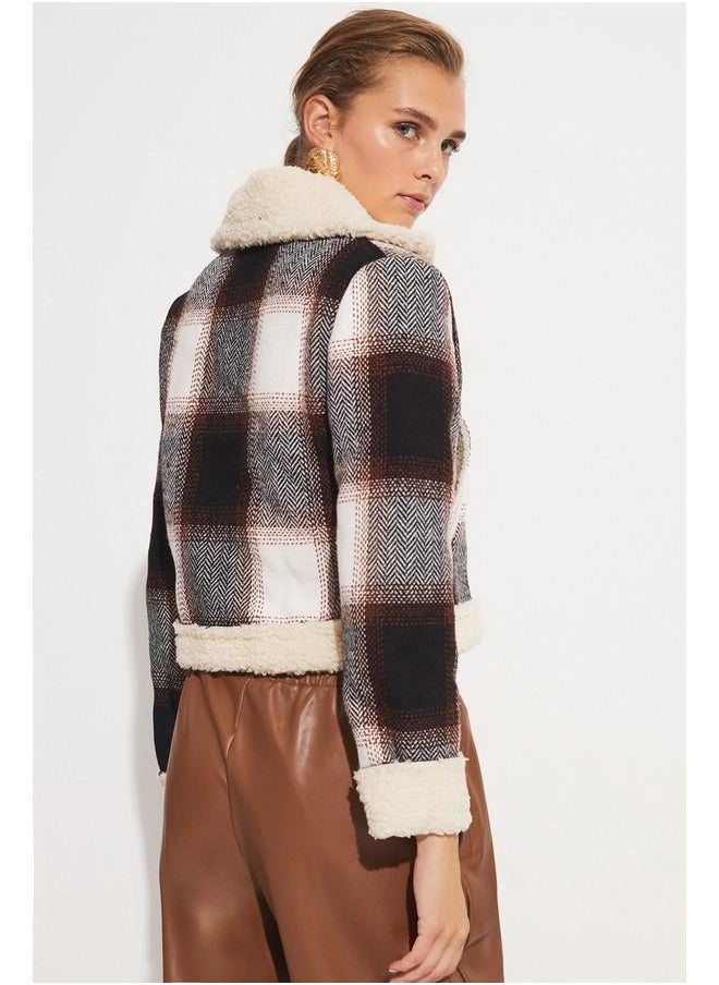JUNE - June Fur Lined Plaid Patterned Coat Tan - Image 1