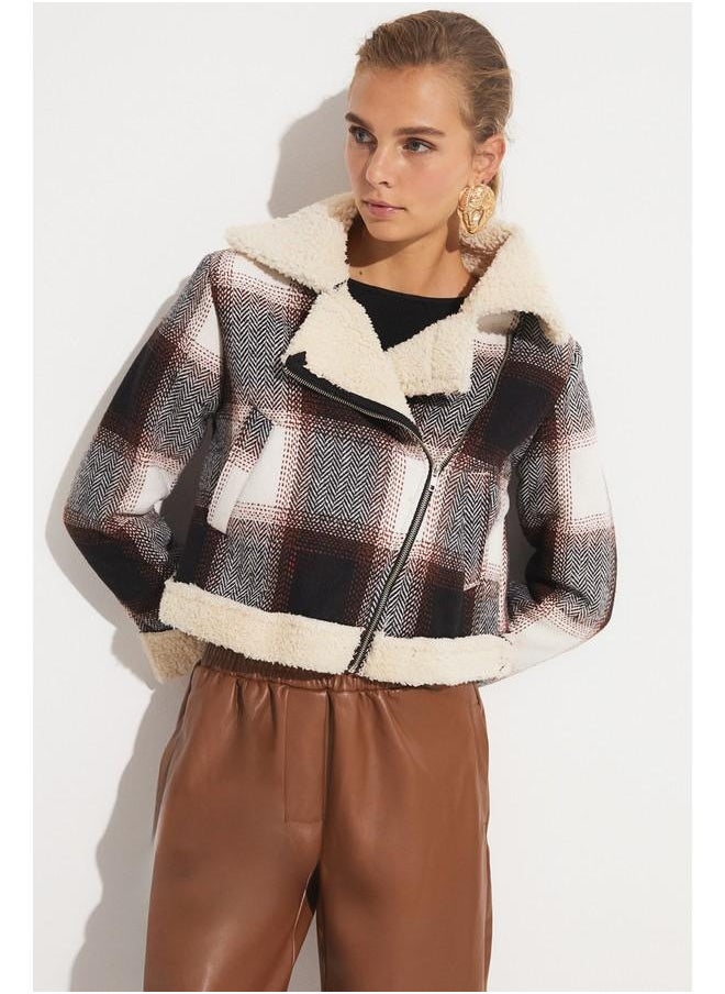 JUNE - June Fur Lined Plaid Patterned Coat Tan - Image 1