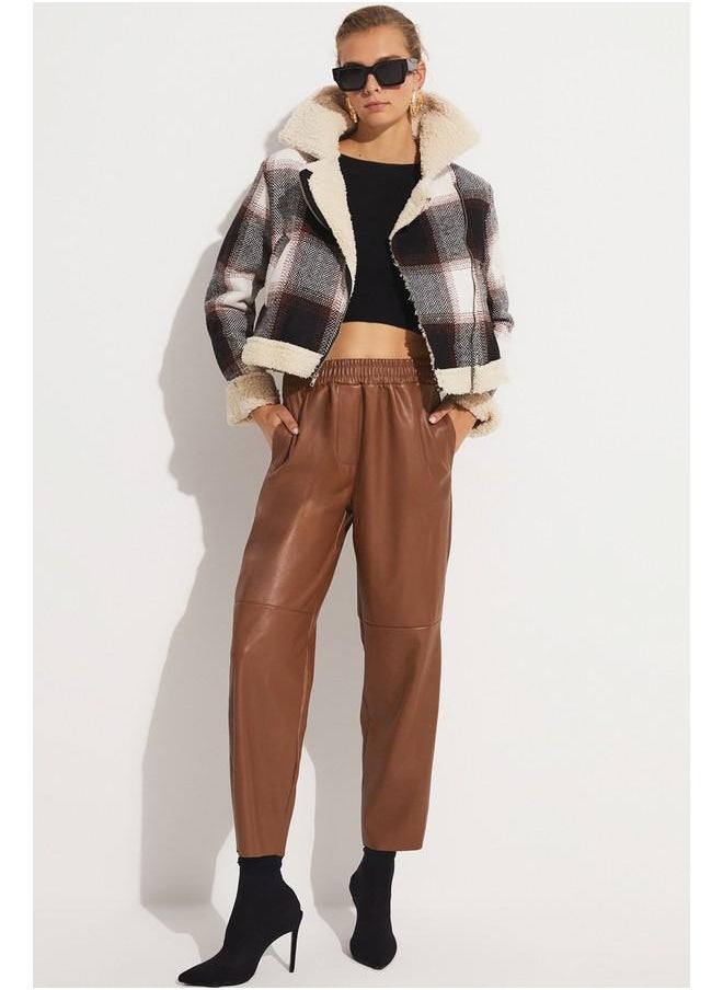 JUNE - June Fur Lined Plaid Patterned Coat Tan - Image 1
