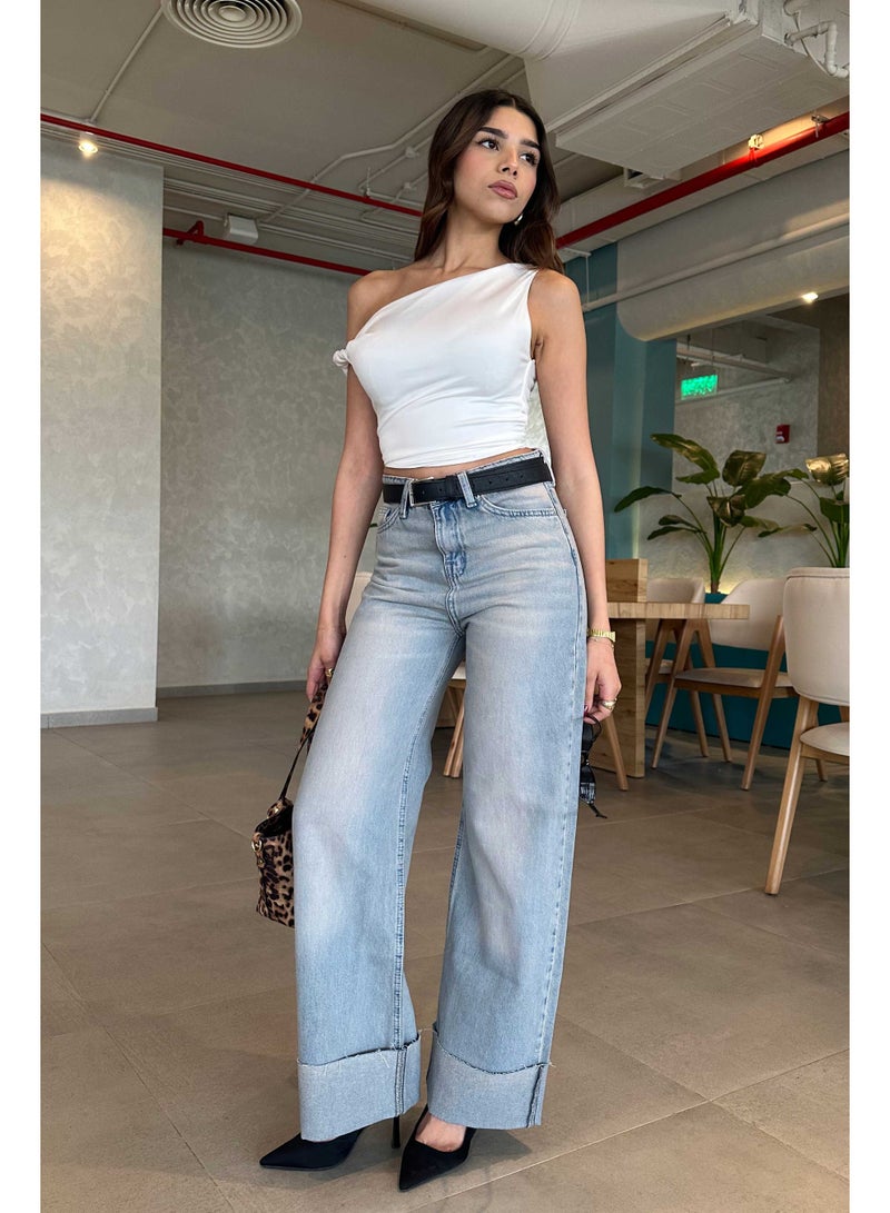 CIZARO Wide-Leg - Turn Up High-Waist Light Hazy Blue Washed Jeans. - Image 1