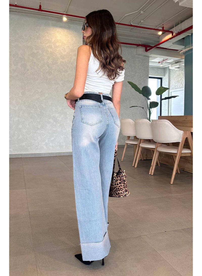 CIZARO Wide-Leg - Turn Up High-Waist Light Hazy Blue Washed Jeans. - Image 3
