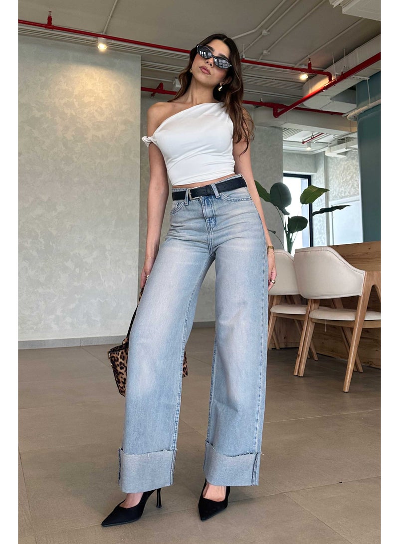 CIZARO Wide-Leg - Turn Up High-Waist Light Hazy Blue Washed Jeans. - Image 2