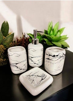 Ceramic Bathroom Accessories Set of 4, Modern Bath Set with Liquid handwash Soap Dispenser and Toothbrush Holder, Luxury Gift Accessory for Home, White/Black (10380)