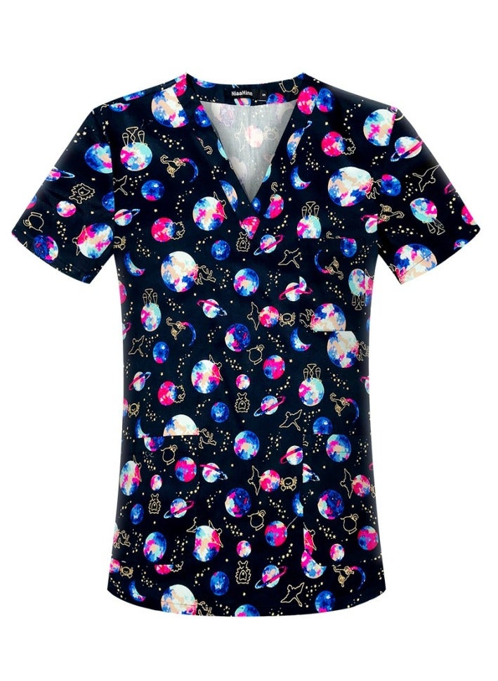 Loquat Cartoon Printed V-Neck Medical Uniform Scrubs Top Comfty Soft Workwear