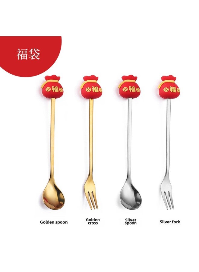 W Cartoon Doll Spoon Q Version Christmas Spoon Mixing Spoon Cute Lucky Bag Rabbit Fork Dessert Spoon With Hand Gift Spoon Fork-Color:Gold-fork-Specifications:Lucky Bag  - Image 1
