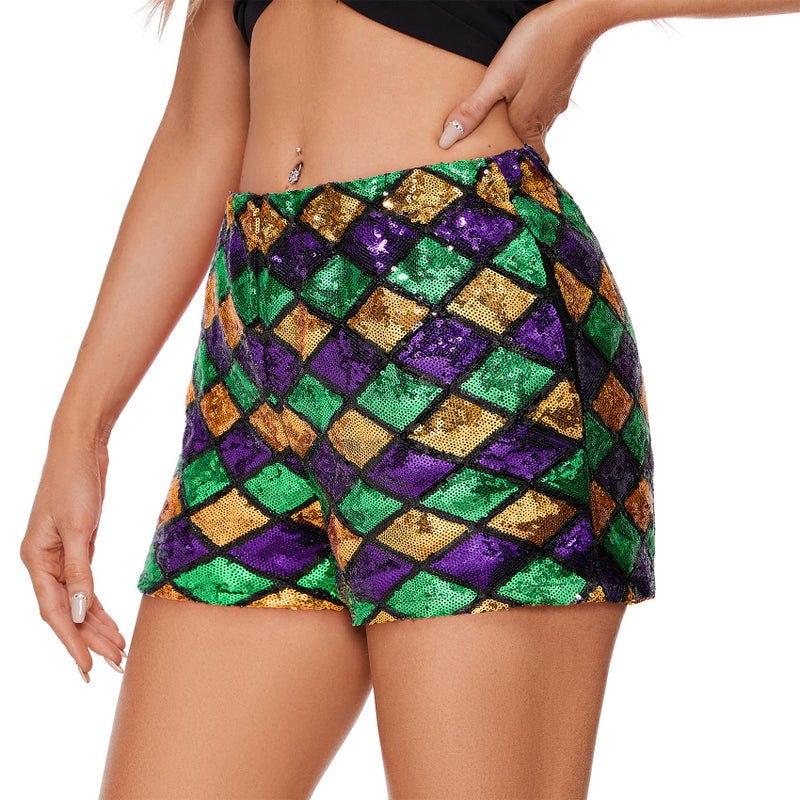 Durio Mardi Gras Sequin Shorts for Women High Waisted Glitter Sparkly Shorts Mardi Gras Outfit for Women Disco Party Dance Festival Rave Mardi Gras-Diamond Pattern X-Large - Image 2