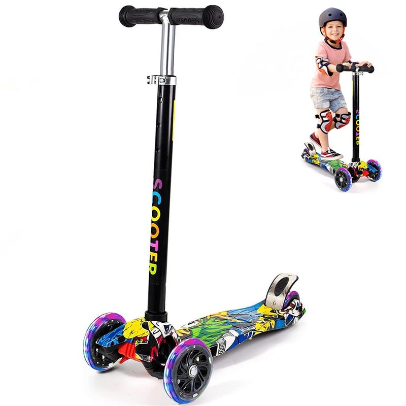 Scooters for Kids, 3 Wheel Scooter with LED Lights, Adjustable Devil Skates Outdoor Folding, Kids Scooter Toy Gift for Boys Girls 4-12 Years Old