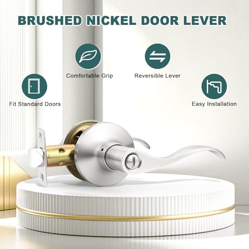 GOBEKOR 2 Pack Privacy Door Levers Brushed Nickel Door Handles Interior with Lock Modern Keyless Door Locks for Bedroom Bathroom - Image 2