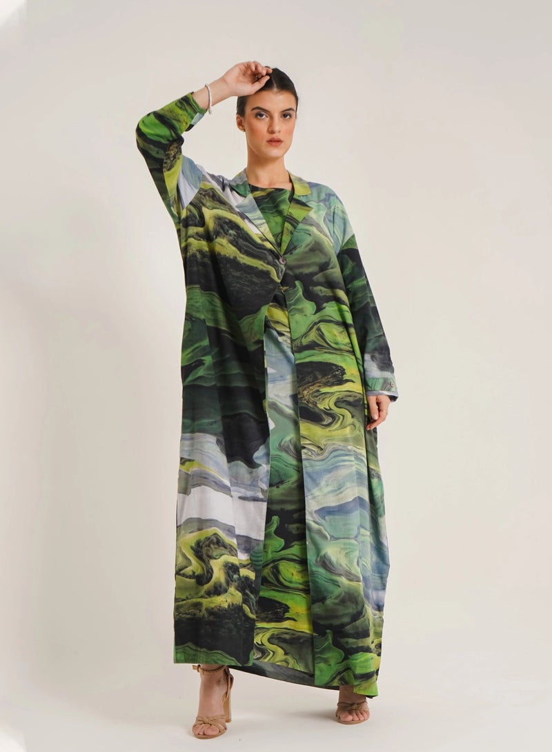 Noor Amal Green Trench Abaya – Inspired by nature with Organic Cotton  - Image 1