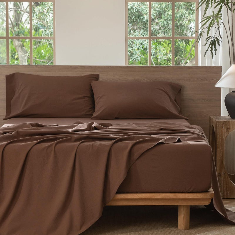 MooMee Bedding Sheet Set 100% Washed Cotton Linen Like Textured Breathable Durable Soft Comfy (Solid Cocoa Brown, King) - Image 5
