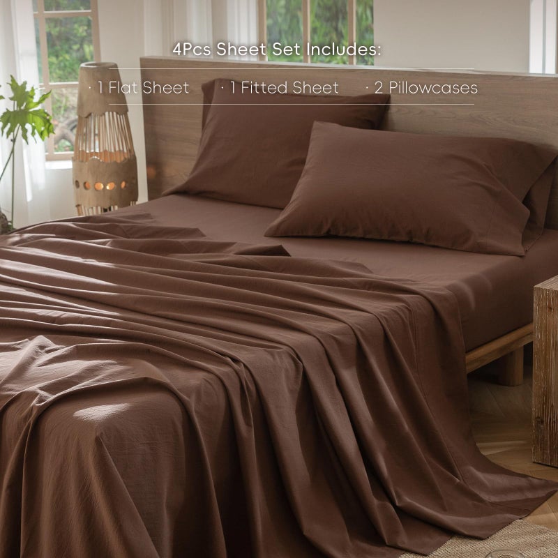 MooMee Bedding Sheet Set 100% Washed Cotton Linen Like Textured Breathable Durable Soft Comfy (Solid Cocoa Brown, King) - Image 2