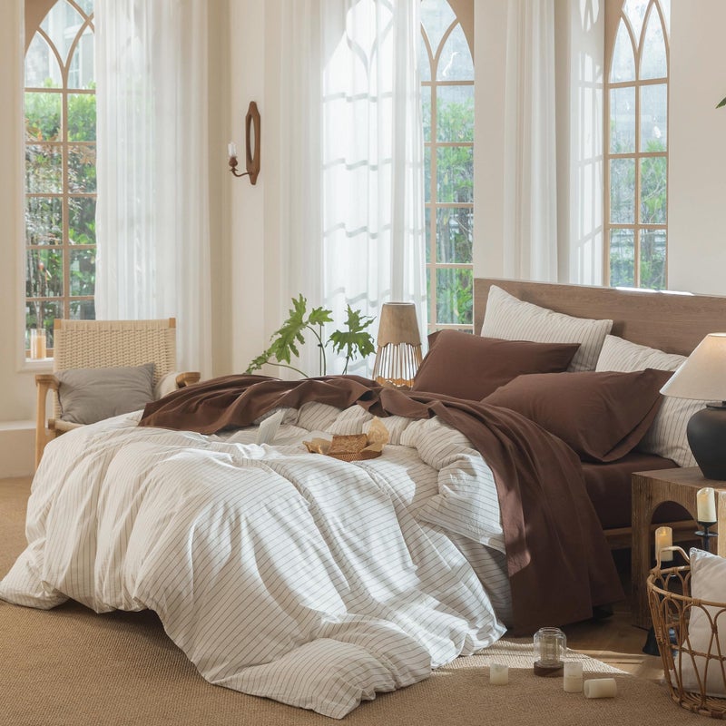 MooMee Bedding Sheet Set 100% Washed Cotton Linen Like Textured Breathable Durable Soft Comfy (Solid Cocoa Brown, King) - Image 3