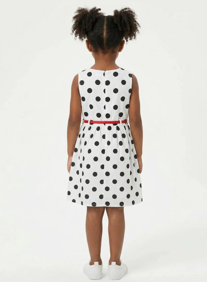 بيبي كلو Girls White Black Polka Dot Summer Dress Red Belt