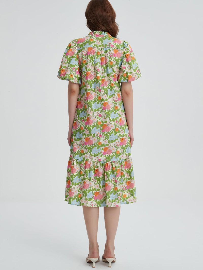 LifeShe Summer Floral Midi Dress for Women Spring Puff Short Sleeve Button Down Flowy Boho Dresses Green - Image 2
