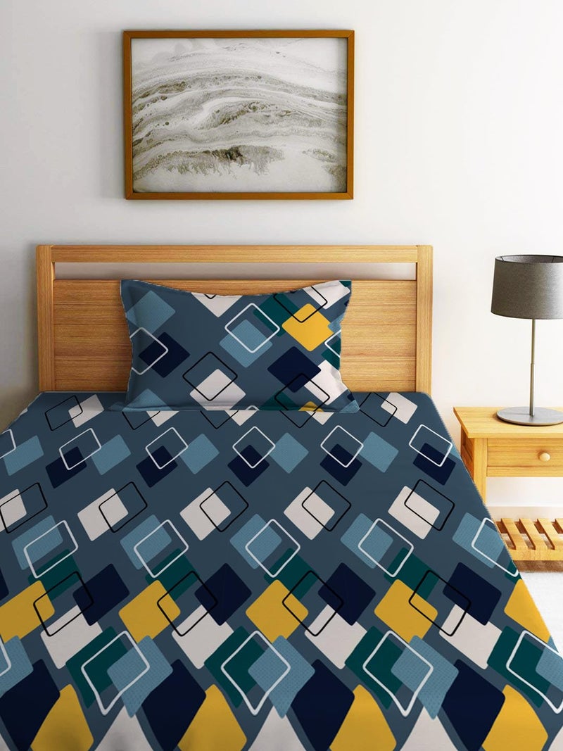 LOOMLYFE 300 TC Cotton Feel Glace Cotton Elastic Fitted Printed King Size Double Bed Bedsheet with 2 Pillow Covers Fits Upto 8 inches Mattress, Size- 72X78 Inches, NavySquare - Image 1