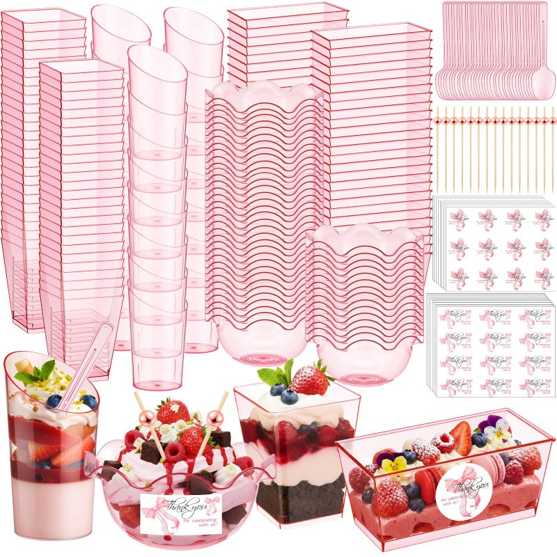 Vesici 446 Pcs Mini Dessert Cups with Spoons, Picks, 3, 5, 6 oz Plastic Ice Cream Bowls Bulk Dessert Shooters Cups for Salad, Fruit, Wedding, Birthday, Valentine's Day and Easter Party Supplies(Pink) - Image 1