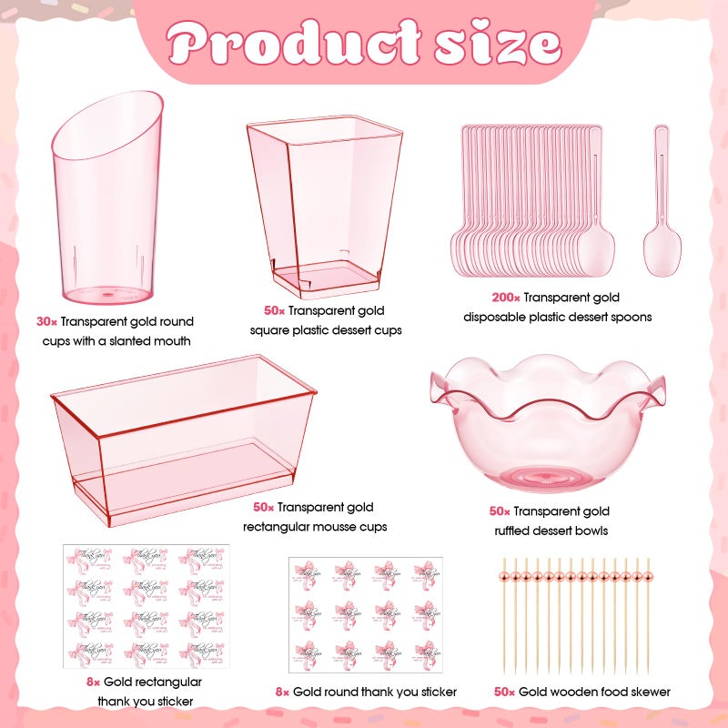 Vesici 446 Pcs Mini Dessert Cups with Spoons, Picks, 3, 5, 6 oz Plastic Ice Cream Bowls Bulk Dessert Shooters Cups for Salad, Fruit, Wedding, Birthday, Valentine's Day and Easter Party Supplies(Pink) - Image 3