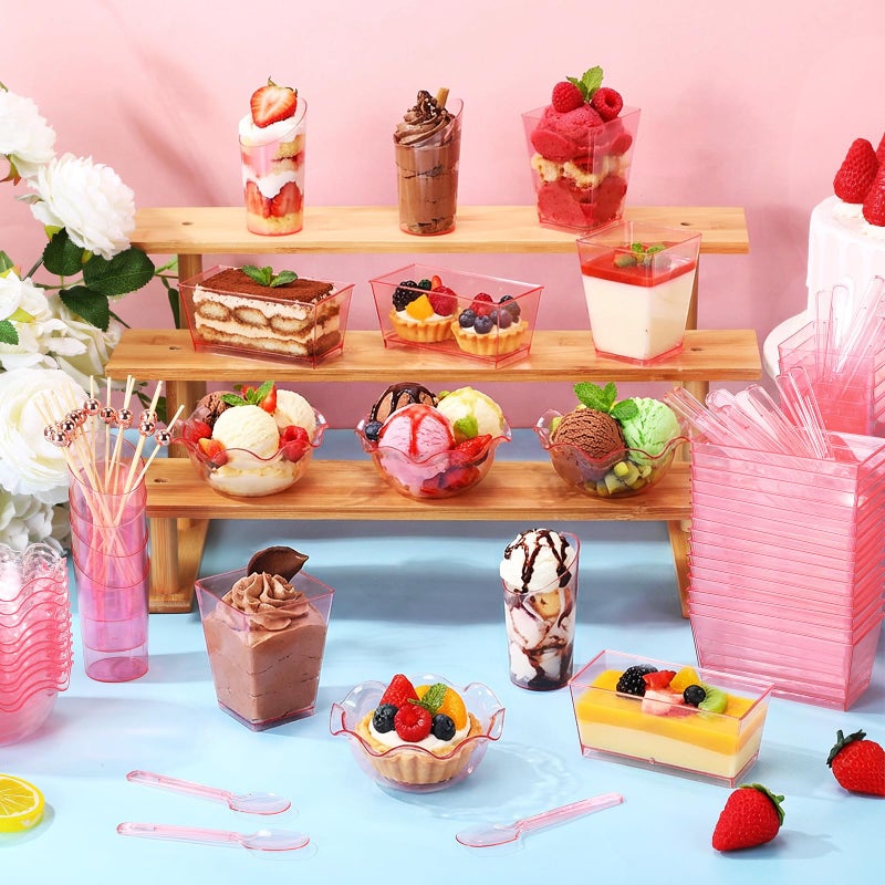 Vesici 446 Pcs Mini Dessert Cups with Spoons, Picks, 3, 5, 6 oz Plastic Ice Cream Bowls Bulk Dessert Shooters Cups for Salad, Fruit, Wedding, Birthday, Valentine's Day and Easter Party Supplies(Pink) - Image 2