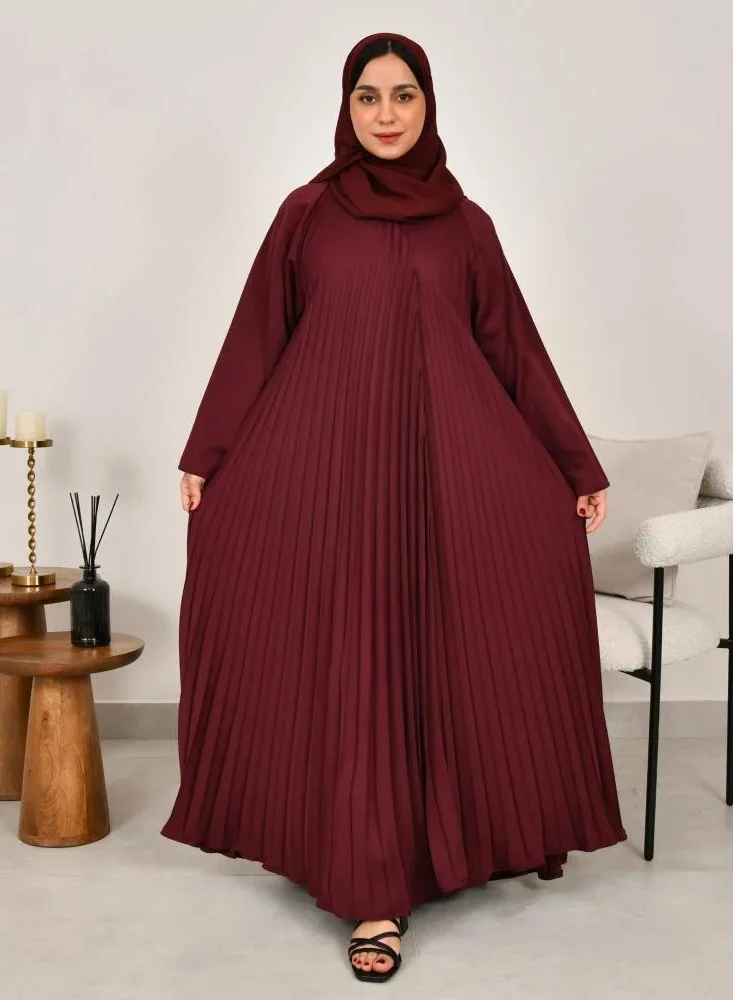 lamha abaya Burgundy wrap abaya with quarter-cloche in soft, pleated fabric