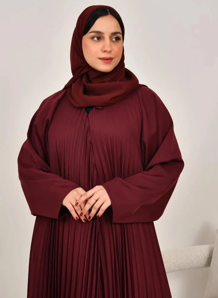 lamha abaya Burgundy wrap abaya with quarter-cloche in soft, pleated fabric