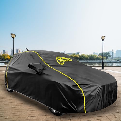 AUTOBIRSA Waterproof Car Body Cover Compatible with Mahindra XUV700 Car Cover with Mirror & Anteena Packets Dust Proof & Belt with 4 Side Elastic Black Colour & Yellow Piping Style - Image 3