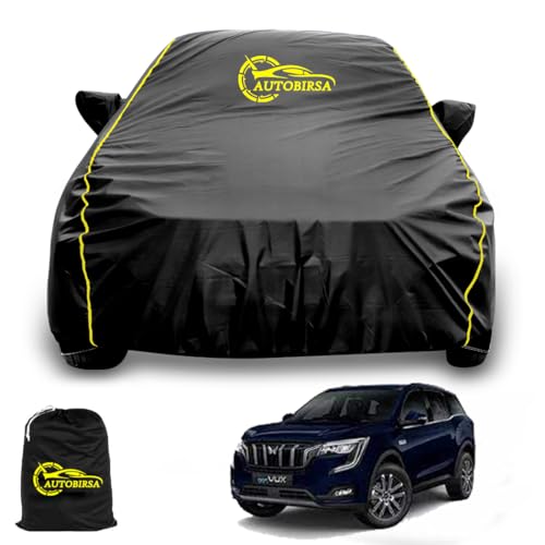 AUTOBIRSA Waterproof Car Body Cover Compatible with Mahindra XUV700 Car Cover with Mirror & Anteena Packets Dust Proof & Belt with 4 Side Elastic Black Colour & Yellow Piping Style - Image 1