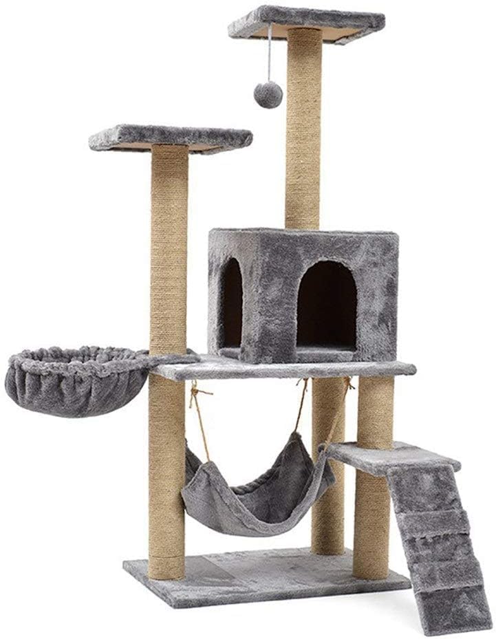 Multi-Level Cat Tree Tower with Hammock and Scratching Posts - Grey Plush - Image 1