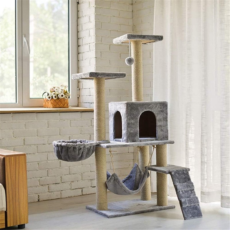 Multi-Level Cat Tree Tower with Hammock and Scratching Posts - Grey Plush - Image 2