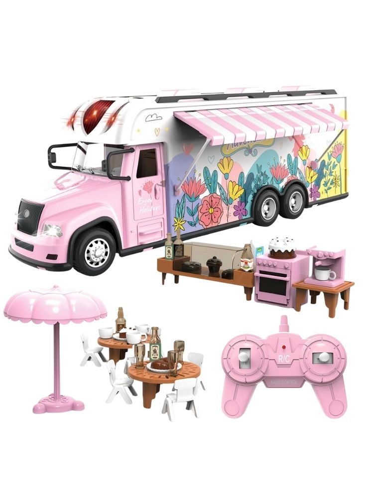 بريميم مجموعة ألعاب شاحنة طعام تعمل بجهاز تحكم عن بعد باللونين الوردي والأبيض مع ملحقات مطبخ ومقهى خارجي - Image 1