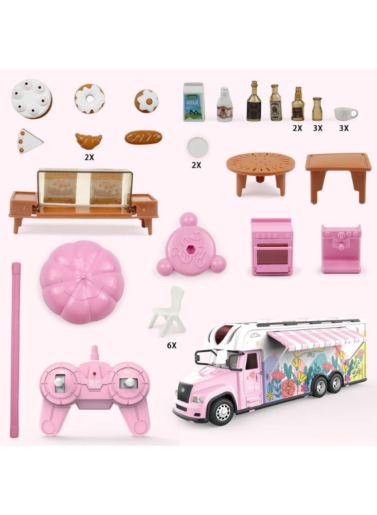 بريميم مجموعة ألعاب شاحنة طعام تعمل بجهاز تحكم عن بعد باللونين الوردي والأبيض مع ملحقات مطبخ ومقهى خارجي - Image 4