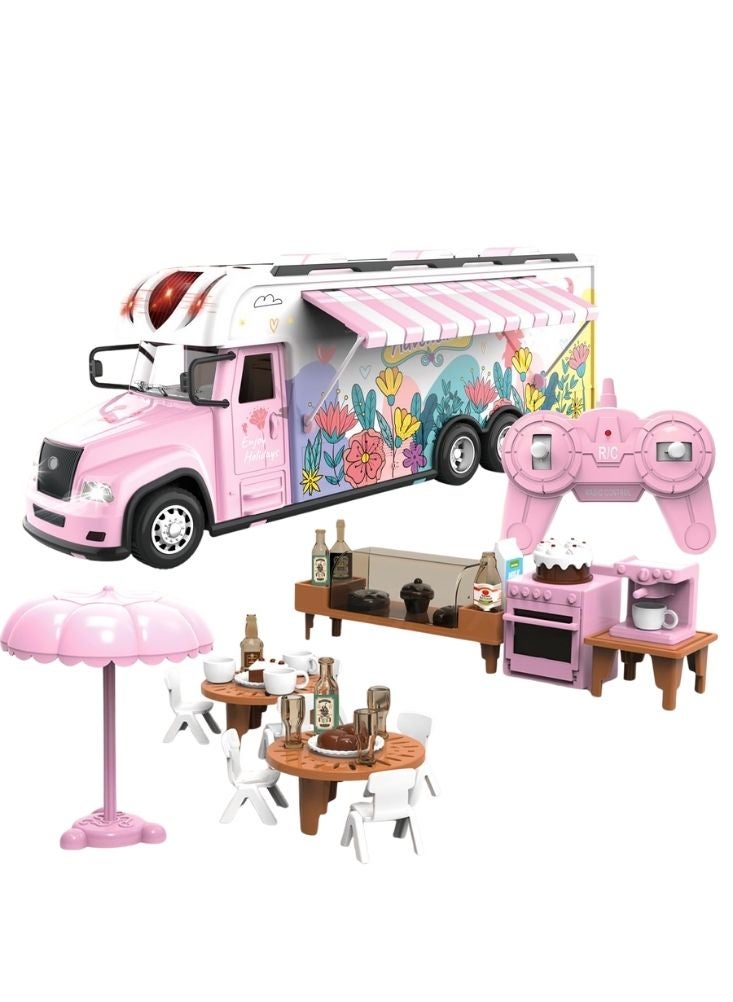 بريميم مجموعة ألعاب شاحنة طعام تعمل بجهاز تحكم عن بعد باللونين الوردي والأبيض مع ملحقات مطبخ ومقهى خارجي - Image 3