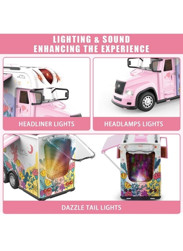 بريميم مجموعة ألعاب شاحنة طعام تعمل بجهاز تحكم عن بعد باللونين الوردي والأبيض مع ملحقات مطبخ ومقهى خارجي - Image 2