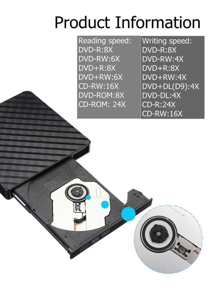 ليوكور محرك أقراص DVD خارجي، محرك أقراص USB 3.0 وType-C CD/DVD +/-RW محمول، قارئ وناسخ ومشغل أقراص DVD، محرك أقراص CD ROM بصري رفيع، لأجهزة الكمبيوتر المحمولة وأجهزة الكمبيوتر المكتبية بنظام Windows 10/8/7/XP/Linux/Vista (أسود) - Image 2