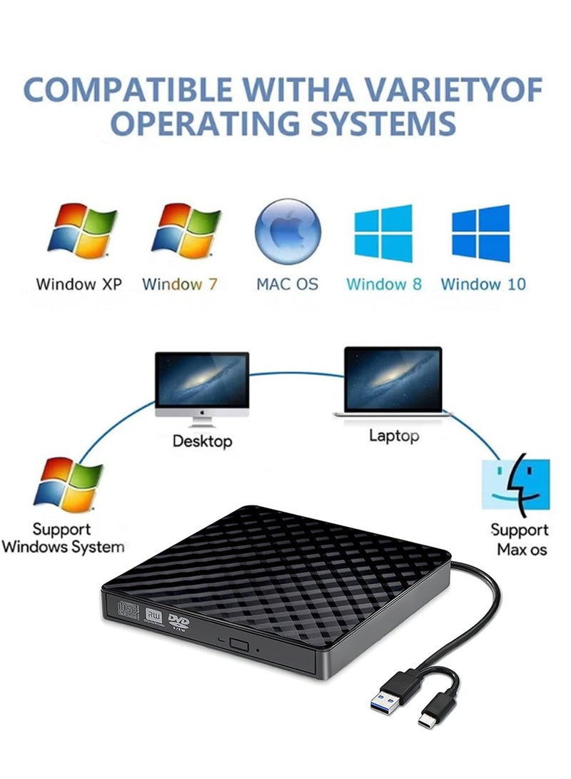 ليوكور محرك أقراص DVD خارجي، محرك أقراص USB 3.0 وType-C CD/DVD +/-RW محمول، قارئ وناسخ ومشغل أقراص DVD، محرك أقراص CD ROM بصري رفيع، لأجهزة الكمبيوتر المحمولة وأجهزة الكمبيوتر المكتبية بنظام Windows 10/8/7/XP/Linux/Vista (أسود) - Image 3