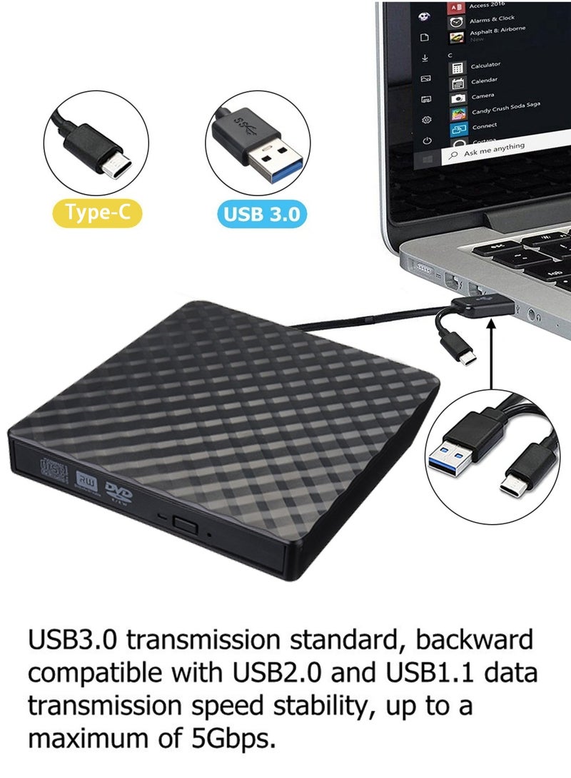 ليوكور محرك أقراص DVD خارجي، محرك أقراص USB 3.0 وType-C CD/DVD +/-RW محمول، قارئ وناسخ ومشغل أقراص DVD، محرك أقراص CD ROM بصري رفيع، لأجهزة الكمبيوتر المحمولة وأجهزة الكمبيوتر المكتبية بنظام Windows 10/8/7/XP/Linux/Vista (أسود) - Image 4