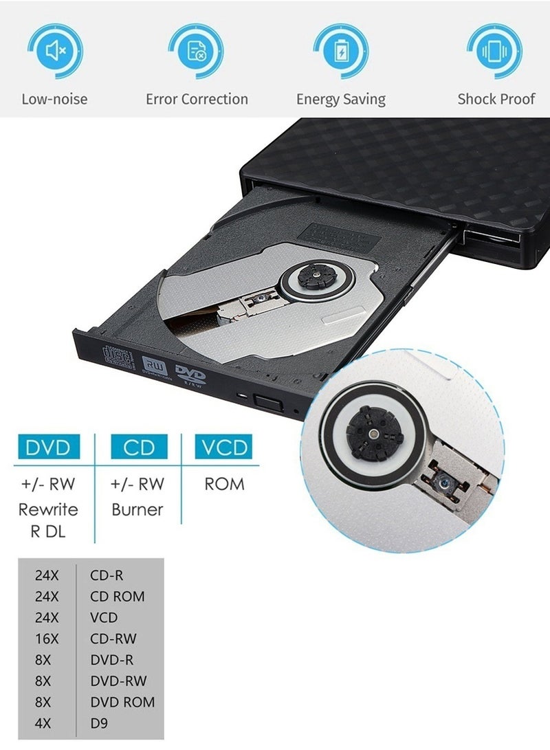 ليوكور محرك أقراص DVD خارجي، محرك أقراص USB 3.0 وType-C CD/DVD +/-RW محمول، قارئ وناسخ ومشغل أقراص DVD، محرك أقراص CD ROM بصري رفيع، لأجهزة الكمبيوتر المحمولة وأجهزة الكمبيوتر المكتبية بنظام Windows 10/8/7/XP/Linux/Vista (أسود) - Image 5