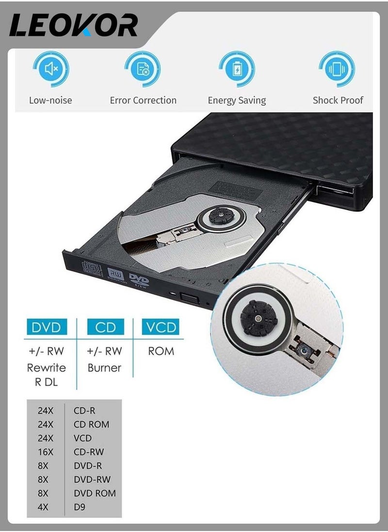 LEOKOR - External DVD Drive,USB 3.0 CD/DVD +/-RW Drive Portable,CD DVD Player Burner Reader Writer,Slim Optical CD ROM Drive,for Laptop Desktop PC Windows 10/8/7/XP/Linux/Vista(Black) - Image 1