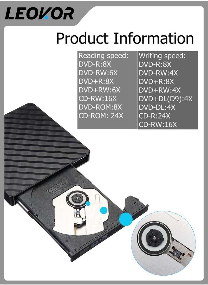 LEOKOR - External DVD Drive,USB 3.0 CD/DVD +/-RW Drive Portable,CD DVD Player Burner Reader Writer,Slim Optical CD ROM Drive,for Laptop Desktop PC Windows 10/8/7/XP/Linux/Vista(Black) - Image 1