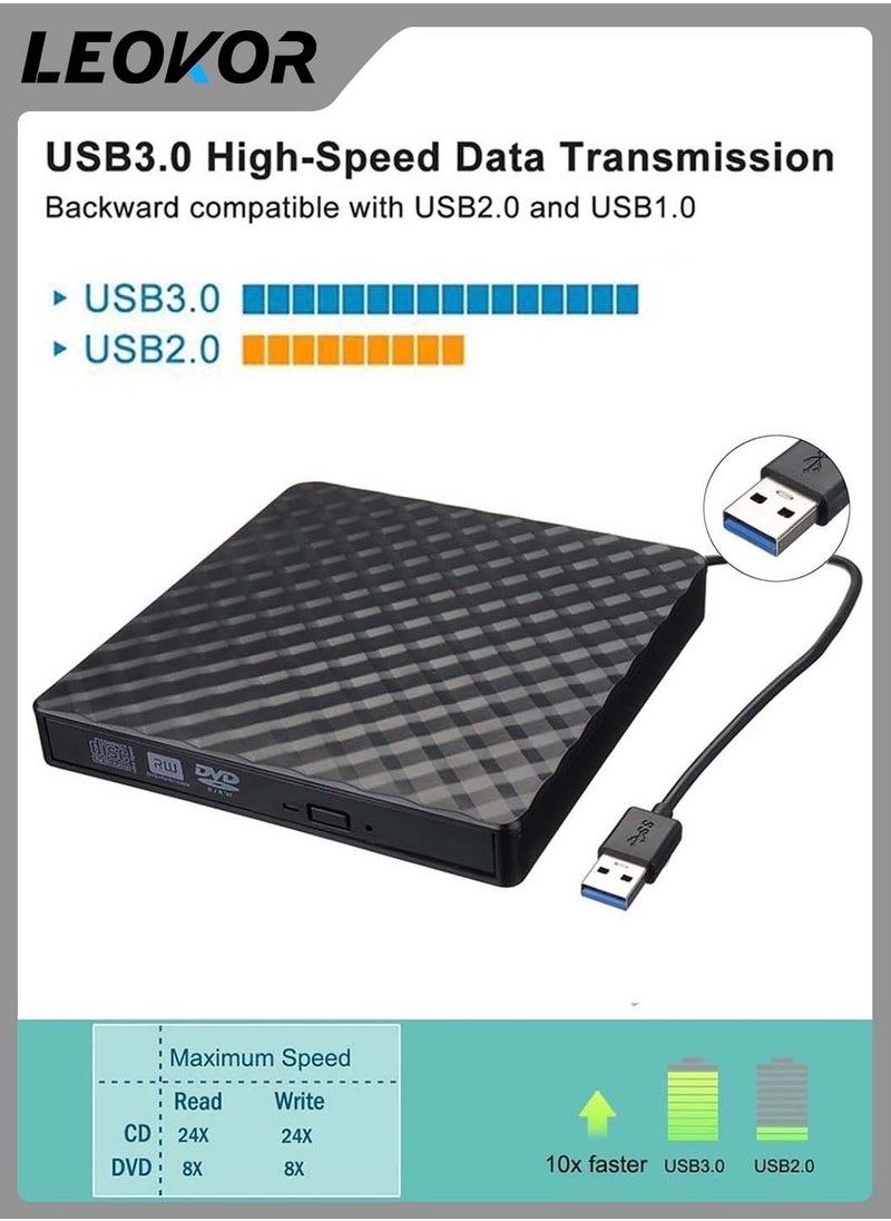 LEOKOR - External DVD Drive,USB 3.0 CD/DVD +/-RW Drive Portable,CD DVD Player Burner Reader Writer,Slim Optical CD ROM Drive,for Laptop Desktop PC Windows 10/8/7/XP/Linux/Vista(Black) - Image 1
