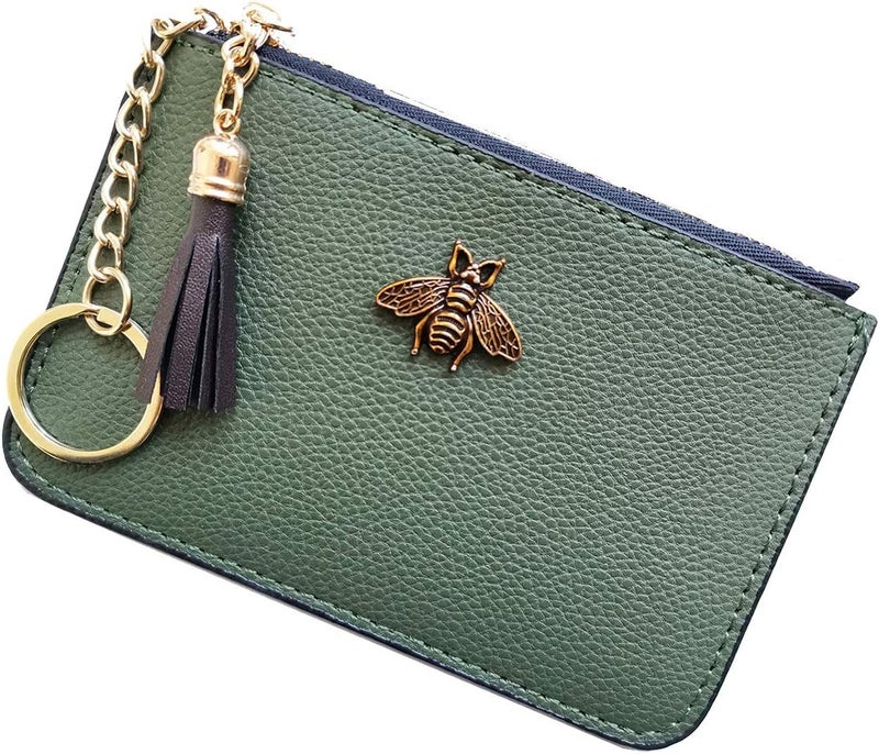 AnnabelZ Women's Coin Purse Change Wallet Pouch Leather Card Holder with Key Chain Tassel Zip (CH Army Green) - Image 1