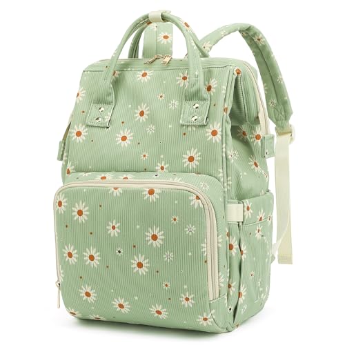Yusudan Corduroy Diaper Bag Backpack for Baby Girls Boys, Women Large Nappy Bags for Mom (Green Corduroy Daisy) - Image 1