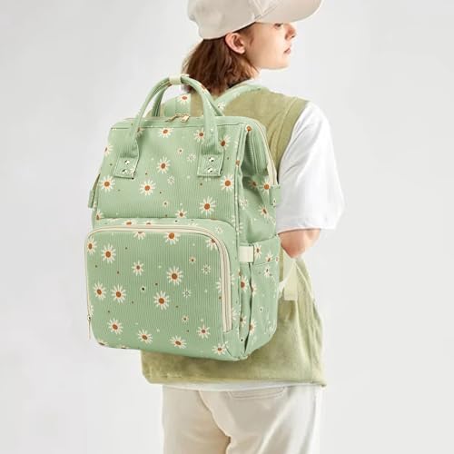 Yusudan Corduroy Diaper Bag Backpack for Baby Girls Boys, Women Large Nappy Bags for Mom (Green Corduroy Daisy) - Image 2