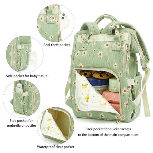 Yusudan Corduroy Diaper Bag Backpack for Baby Girls Boys, Women Large Nappy Bags for Mom (Green Corduroy Daisy) - Image 4